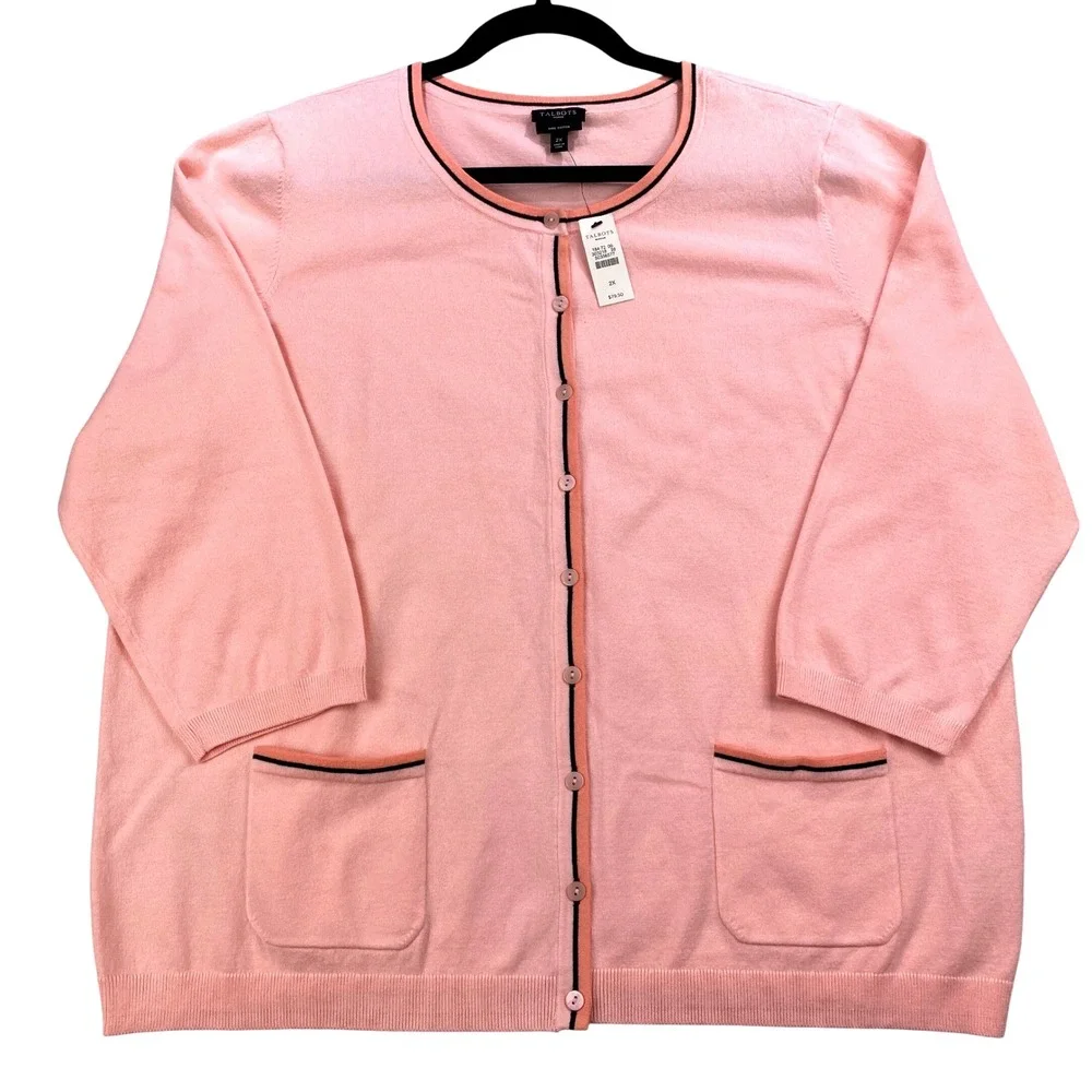 Talbots Woman‎ 2X Cardigan Sweater Pima Cotton Blend Pink Trim Detail NWT